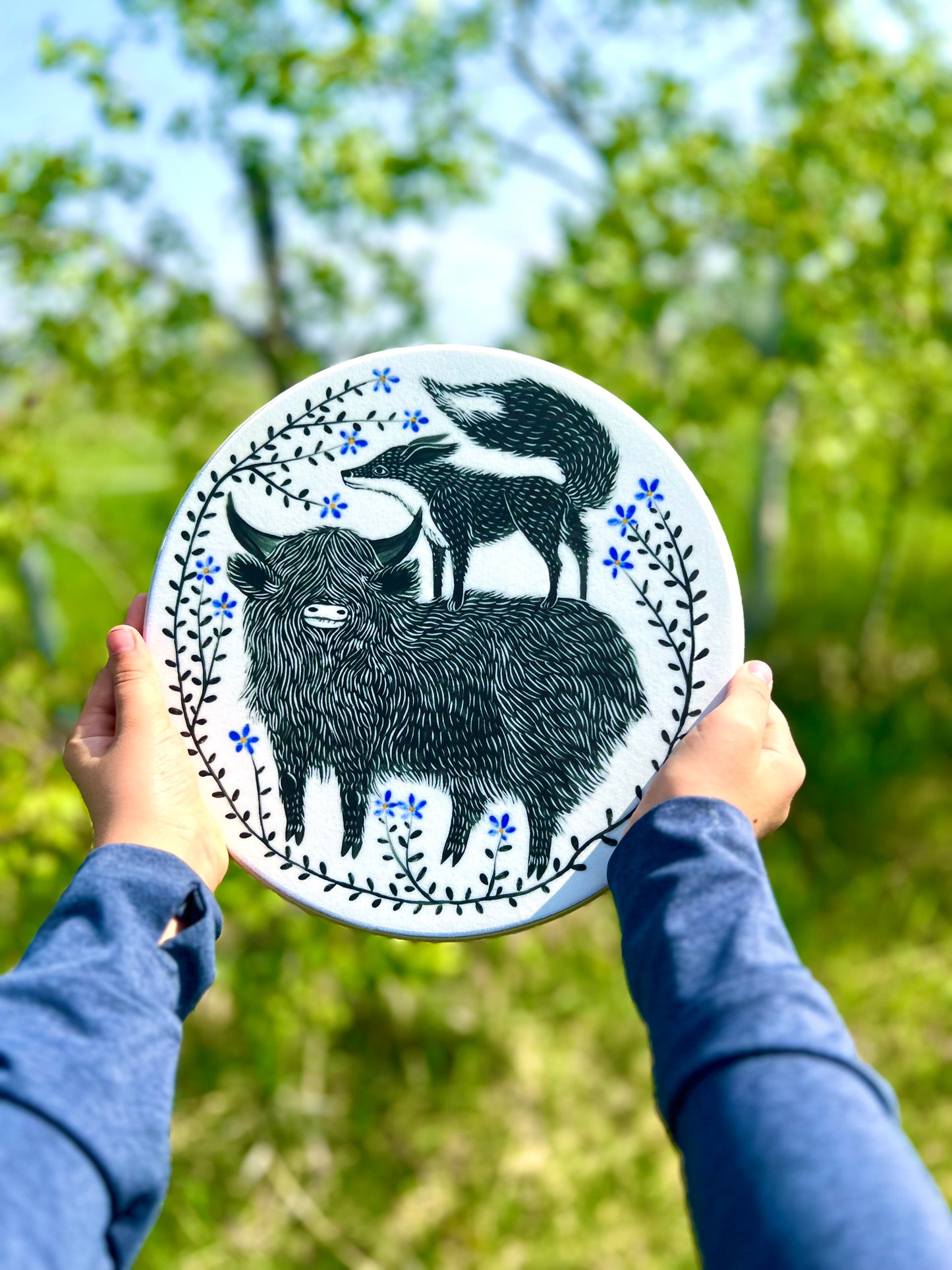 Larger size- highland cow and fox wall hanging