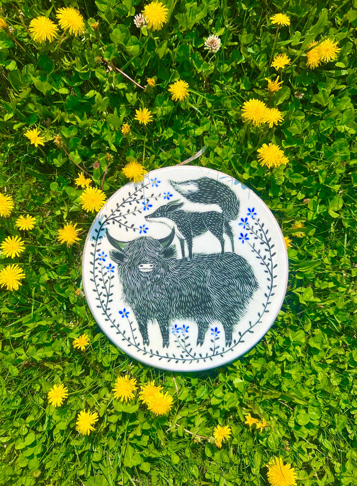 Larger size- highland cow and fox wall hanging