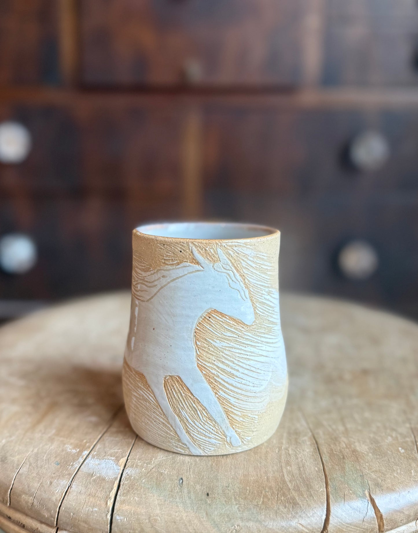 “Cloud dancer” runaway horse cup