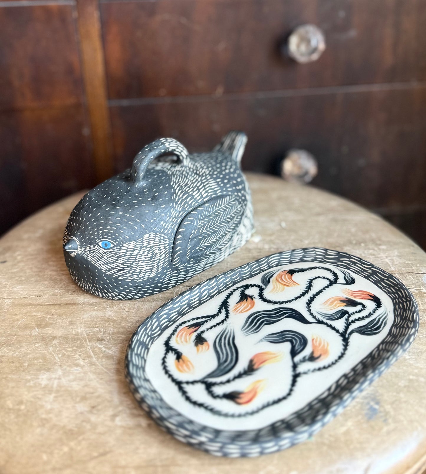 Chickadee butter dish