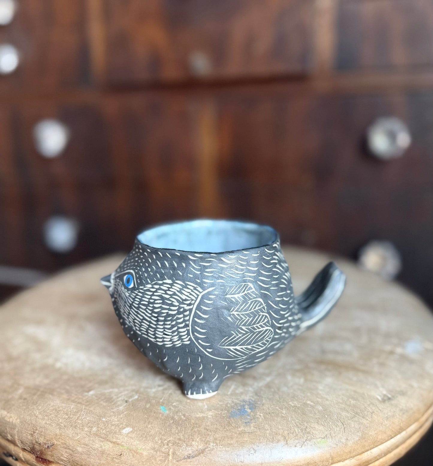 Bird creature mug (blue glaze interior)