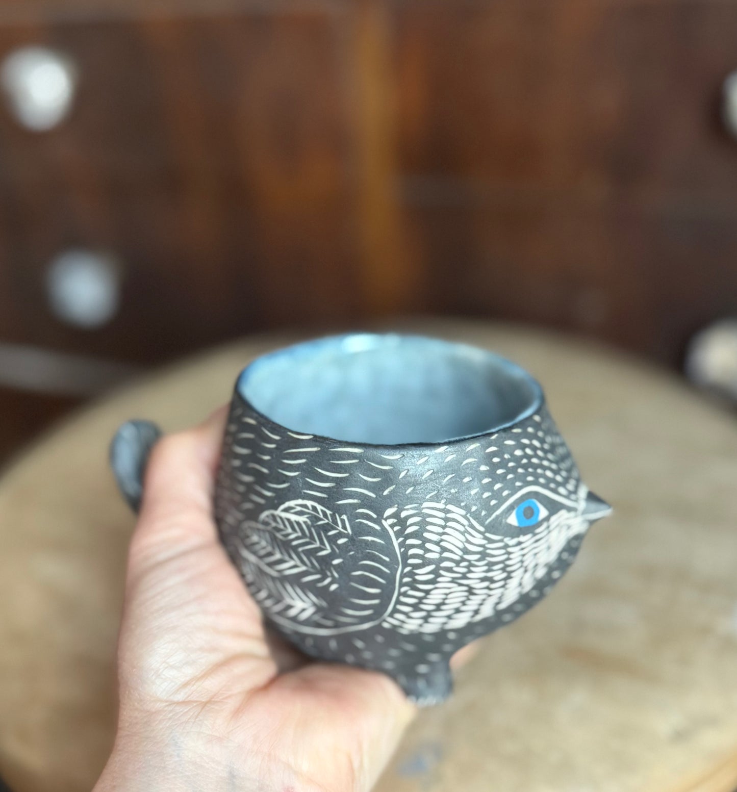 Bird creature mug (blue glaze interior)