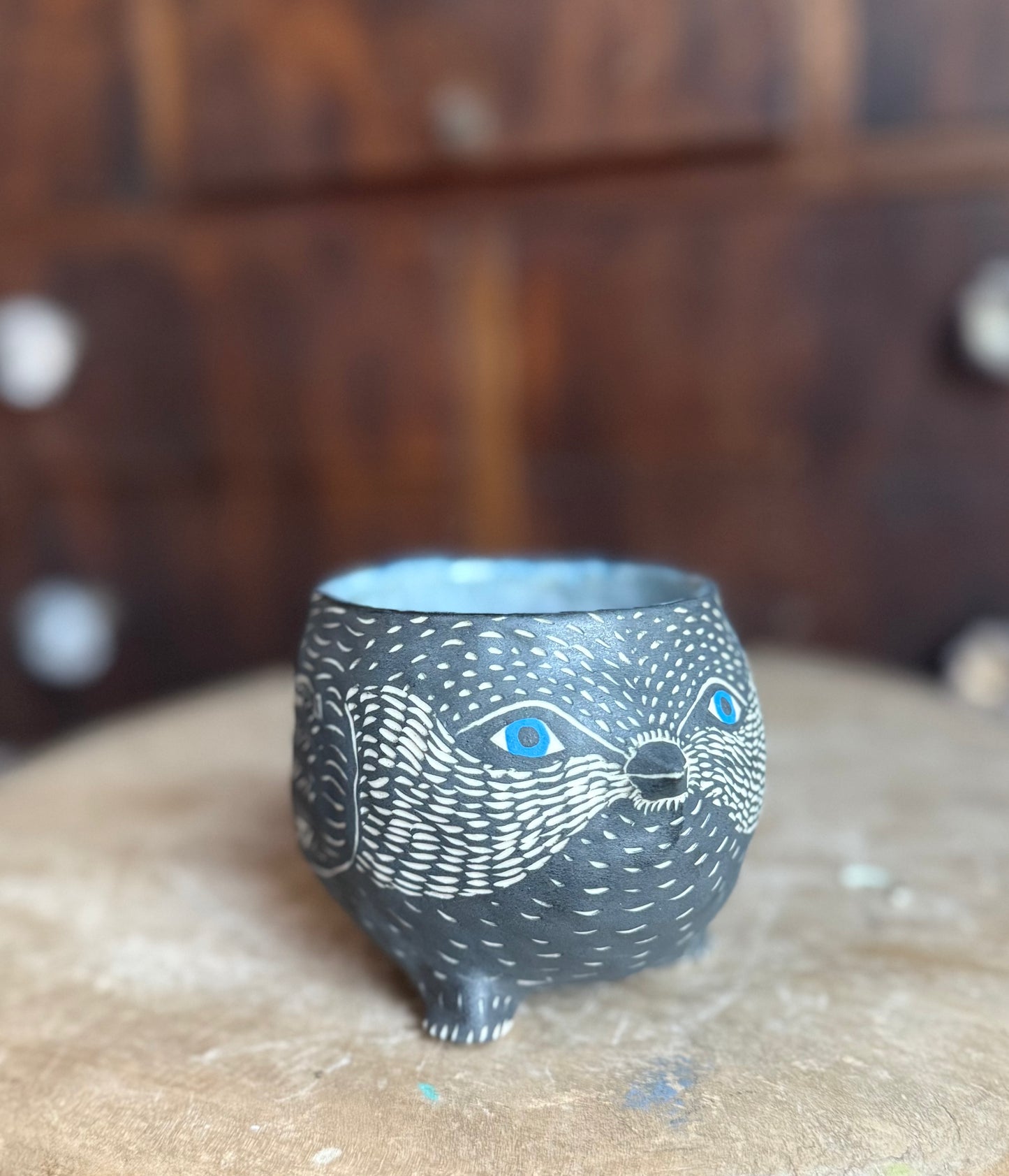 Bird creature mug (blue glaze interior)