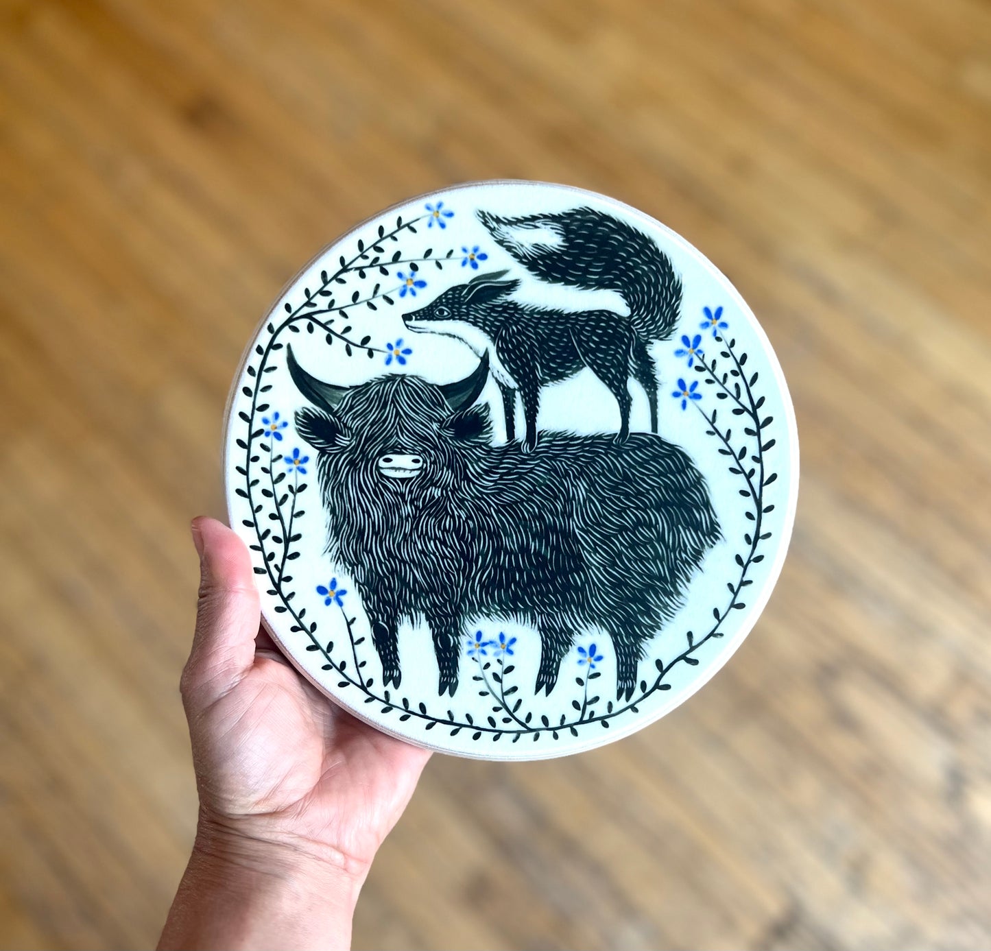 8” highland cow and fox print