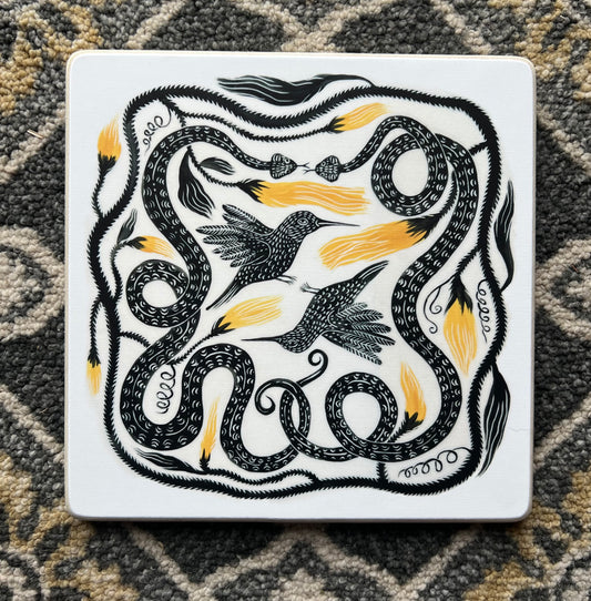 Hummingbird and snake wall tile